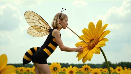 cinematic photo a (25 year old girl:1.5), she has huge bee wings attached to her back and bee antennae attached to her head, she's wearing a( black and yellow:1.2) horizontally striped figure hugging lycra minidress, the dress has a human sized (fuzzy bee abdomen attached sticking out at the butt:1.3)
she has blonde hair in a bob cut, she has a slim figure and long legs, she has medium sized breasts
she's hovering in midair in front of a enormous flower, the flower is bigger than the girl, ready to drink it's nectar through a long straw, the straw is held in her hand with the end (stuck into the flower:1.3)
she's in a meadow of enormous wild flowers,, score_9, score_8_up, score_7_up, hyperdetailed, hyperrealistic, best quality, (masterpiece:1.3),high-definition, intricate details, volumetric lighting, symmetrical face, level eyes, . 35mm photograph, film, bokeh, professional, 4k, highly detailed