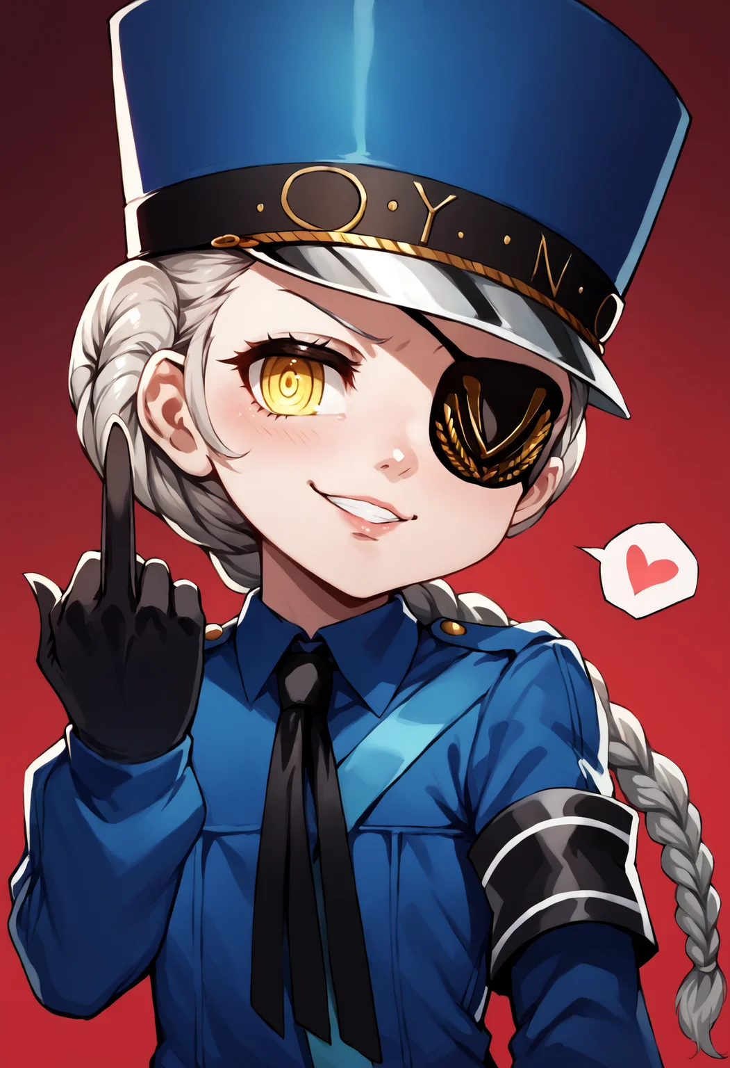 score_9, score_7_up, score_6_up, source_anime, uncensored, zPDXLxxx, <lora:intricate_details:1> intricate_details_xl, red background, gradient background,
<lora:Persona5_Justine_Caroline_v1.0:1> JustineP5, justine (persona 5), official outfit, 1girl, yellow eyes, solo, gloves, hat, braid, eyepatch, black gloves, long hair, necktie, upper body, long sleeves, blue headwear, looking at viewer, shirt, grey hair, armband, blue shirt, single braid, wing collar, middle finger, smug, spoken heart, heart