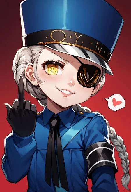 score_9, score_7_up, score_6_up, source_anime, uncensored, zPDXLxxx, <lora:intricate_details:1> intricate_details_xl, red background, gradient background,
<lora:Persona5_Justine_Caroline_v1.0:1> JustineP5, justine (persona 5), official outfit, 1girl, yellow eyes, solo, gloves, hat, braid, eyepatch, black gloves, long hair, necktie, upper body, long sleeves, blue headwear, looking at viewer, shirt, grey hair, armband, blue shirt, single braid, wing collar, middle finger, smug, spoken heart, heart