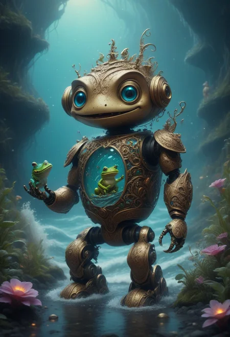 manuka robot, cute, fantasy, happy, holding a frog, at a fantastical beatch with big waves,,intricate details, 8k, cinematic film still, ultra sharp