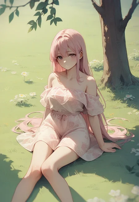 score_9, score_8_up, score_7_up, score_6_up, source_anime, 1girl, long hair, pink hair,
off shoulder, floral dress, see-through, short dress,
sitting, on floor, grass, tree, looking at viewer,
<lora:floral_offshoulder_dress_v1.1-pony:1>