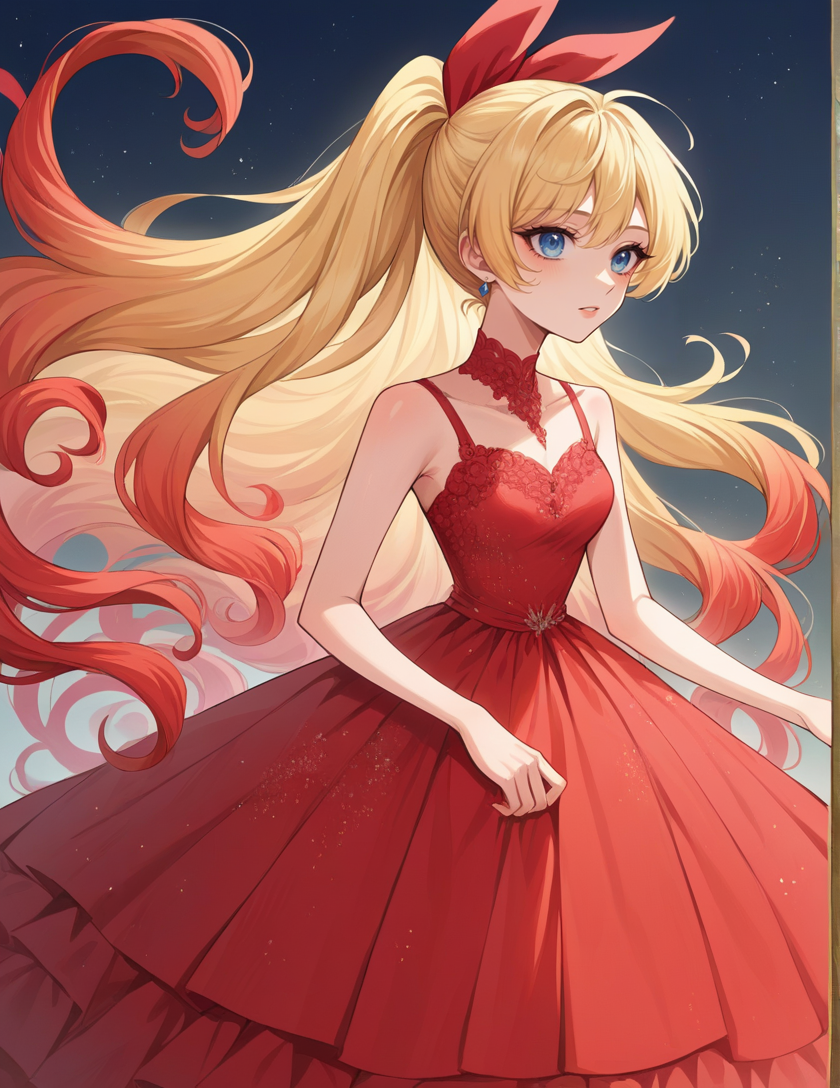 score_9, score_8_up, source_anime,<lora:wrenchelegadomepnyxlb2-000005:0.9>,wrenchelegadome, red dress, embroidery,  ball gown,  <lora:Hoseki_Nsk_ChitogeKirisaki_PDXL_v1:1> chtgkrsk, very long hair, gradient hair, ponytail, blue eyes, hair ribbon, red ribbon, layered clothing, hands_on_face