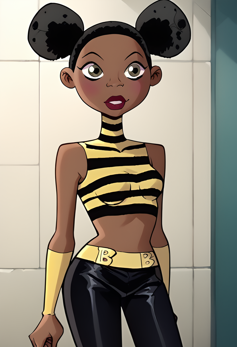 score_9, score_8_up, score_7_up,score_6_up, source_anime,
BREAK 
bumblebee, dark skin, 1girl, crop top, striped, black pants, double bun, <lora:Bumblebee:1>