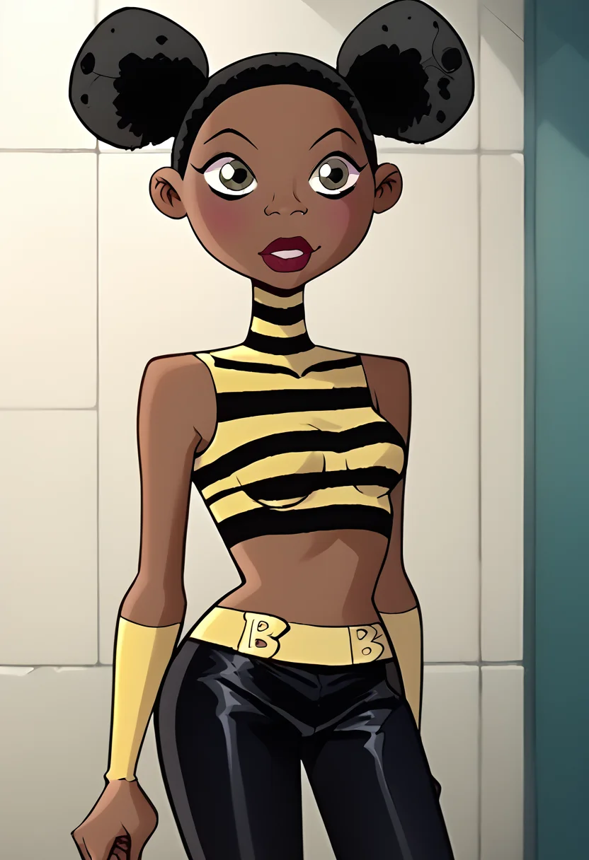 score_9, score_8_up, score_7_up,score_6_up, source_anime,
BREAK
bumblebee, dark skin, 1girl, crop top, striped, black pants, double bun, <lora:Bumblebee:1>