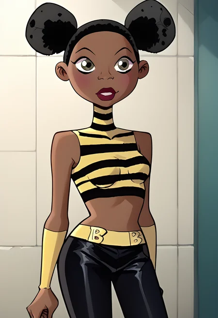 score_9, score_8_up, score_7_up,score_6_up, source_anime,
BREAK
bumblebee, dark skin, 1girl, crop top, striped, black pants, double bun, <lora:Bumblebee:1>