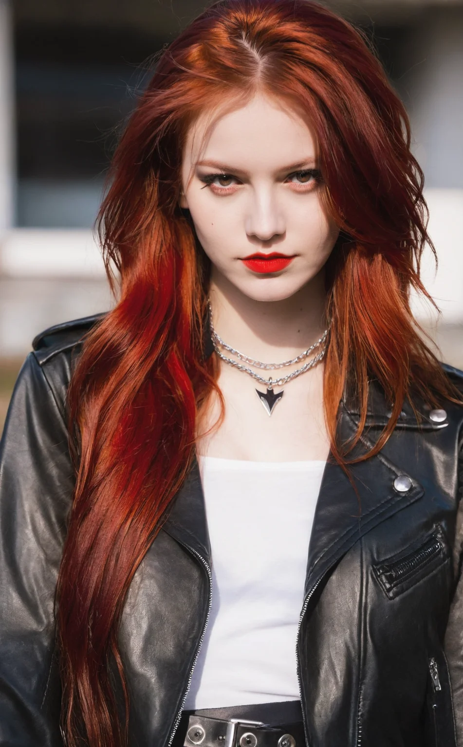 realistic, 1girl, fiery red long hair, looking at viewer, upper body, black leather jacket, blurred background, cherry red lips, black eyeliner, rebellious smirk, silver chain necklace, punk aesthetics
