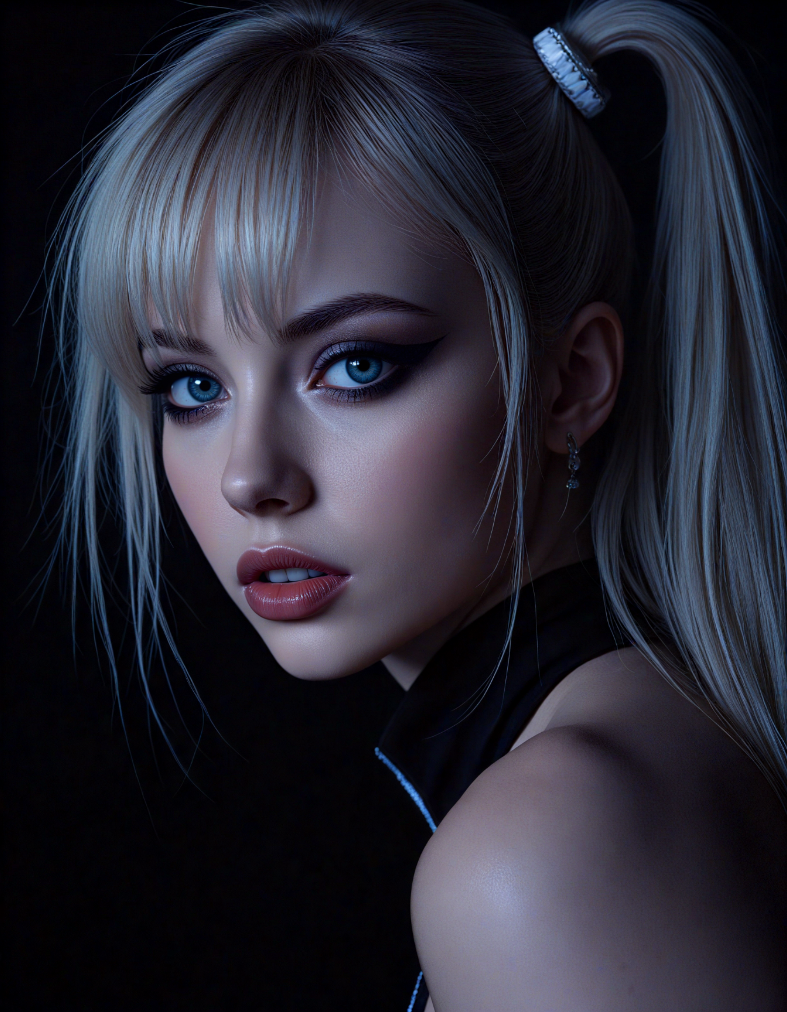 alien-themed (dark mood masterpiece Photography:1.2), portrait of a mysterious Lucky Chloe from tekken, with blue eyes and dark make up, dark eyeliner, she has sensuous lips, looking seductively, naughty. The extreme realism focuses on her detailed skin, showing fine textures and natural highlights. photography masterpiece, modern, irresistible beauty, fuzzy lighting, dark mood, unusual composition, use of negative space, (rule of thirds composition), simmetry, mysterious, emotional, flirting, groundbreaking unrivaled opus with unrivaled details, (Aluminum color scheme), highly detailed, melancholic, low-light hyper detailed photography, catchlights, extremely high-resolution details, photographic, realism pushed to extreme, fine texture, incredibly lifelike, street level shot,style by luis royo . extraterrestrial, cosmic, otherworldly, mysterious, sci-fi, highly detailed