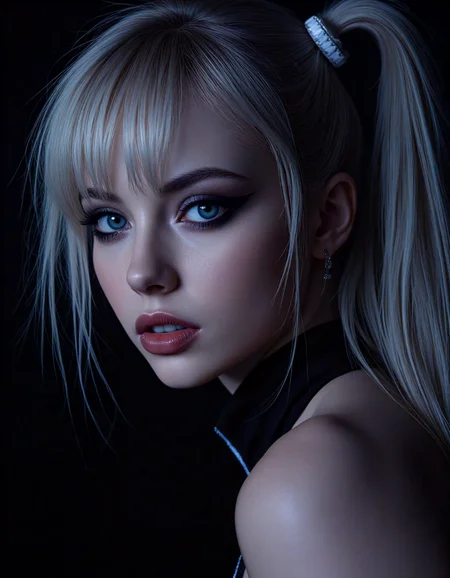 alien-themed (dark mood masterpiece Photography:1.2), portrait of a mysterious Lucky Chloe from tekken, with blue eyes and dark make up, dark eyeliner, she has sensuous lips, looking seductively, naughty. The extreme realism focuses on her detailed skin, showing fine textures and natural highlights. photography masterpiece, modern, irresistible beauty, fuzzy lighting, dark mood, unusual composition, use of negative space, (rule of thirds composition), simmetry, mysterious, emotional, flirting, groundbreaking unrivaled opus with unrivaled details, (Aluminum color scheme), highly detailed, melancholic, low-light hyper detailed photography, catchlights, extremely high-resolution details, photographic, realism pushed to extreme, fine texture, incredibly lifelike, street level shot,style by luis royo . extraterrestrial, cosmic, otherworldly, mysterious, sci-fi, highly detailed