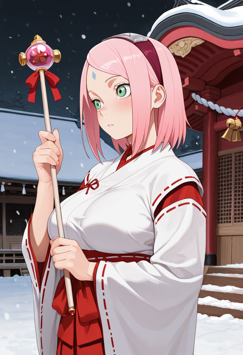 masterpiece, best quality, amazing quality, ultra detailed, 1girl, solo, adult, sakura haruno, pink hair, slender, miko clothes, shrine, snow, dark night, upper body, wand, bells, pose,, <lora:YUE_C_Style_IL:0.81>