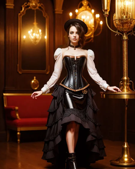 [fcDetailPortrait::0.2] (masterpiece, cover photo, style of ansel adams), ([style of Jovana Rikalo, OverallDetail:style of Liam Wong, HairDetail SkinDetail:0.4]:1.15), [Victorian:steampunk:0.6] setting, woman embodying a steampunk aesthetic with a Victorian twist, ((intricate corset design)), holding greasy spout oil can, steel boned corset with brass cogs and gear accents, layered bustle skirt in rich brocade, detailed with copper threading, high-collar ruffled blouse with puffed sleeves, leather gloves reaching just below the elbow, adorned with delicate clockwork pieces, striking leather boots with metal heel detailing, a combination of elegance and industrial flair, hair styled in a sophisticated updo, adorned with miniature steampunk-inspired hat, subtle yet striking makeup highlighting her sharp features, standing confidently in a vintage workshop setting, surrounded by brass and copper machinery, soft glow of ambient gaslights, casting dramatic shadows, the air filled with a sense of adventure and mechanical wonder, her presence a perfect blend of Victorian grace and steampunk boldness, captivating the viewer with a look that's both nostalgic and forward-thinking.,  <lora:kodak_ultramax_400:0.8> Dynamic use of shadows. Photorealistic, Natural atmospheric lighting, intricate details, 35mm photograph, film, professional, 4k visuals, highly detailed, elegant, studio quality.