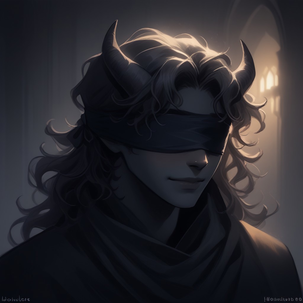 Score_9, Score_8_up, Score_7_up, (masterpiece), best quality, blindfolded, perfect face, perfect anatomy, portrait, Tiefling, pointed ears, horns, short horns, tail, tail up, black skin, handsome young man, young adult, slim, black hair, wavy hair, wavy, volumize hair, semi long hair length, black clothing, sorcerer cloak, romantic perspective, smiling, nervous, beautiful perspective. sorcerer robes, indoors of a magical tavern, warm lighting in the background, soft lighting, crow feathers falling in the background, shoulder length hair, short hairstyle