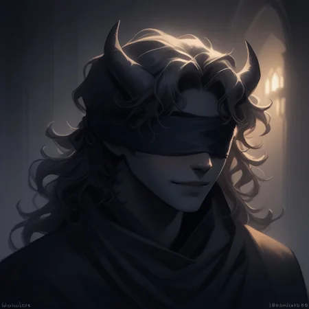 Score_9, Score_8_up, Score_7_up, (masterpiece), best quality, blindfolded, perfect face, perfect anatomy, portrait, Tiefling, pointed ears, horns, short horns, tail, tail up, black skin, handsome young man, young adult, slim, black hair, wavy hair, wavy, volumize hair, semi long hair length, black clothing, sorcerer cloak, romantic perspective, smiling, nervous, beautiful perspective. sorcerer robes, indoors of a magical tavern, warm lighting in the background, soft lighting, crow feathers falling in the background, shoulder length hair, short hairstyle