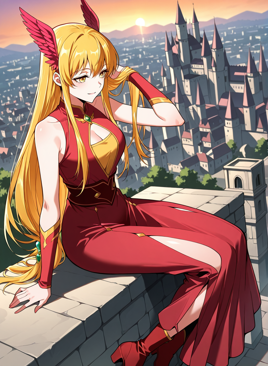 <lora:Chi_Ling__Illustrious:1>
1 girl, solo, yellow eyes, yellow hair, long hair, loose hair, sidelocks, medium breasts
long dress, red dress, cleavege, hair ornament, cleavage cutout, clothing cutout, head wings, bare shoulders, sleeveless, long red skirt, red boots
score_9, score_8_up, score_7_up, very aesthetic, source_anime, detailed, high quality, beautiful, masterpiece, detailed eyes, castle, village, blurry background, cityscape, pose dynamic angle, light smile, open mouth, hand on hair, sitting