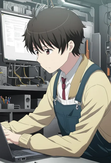 high resolution, solo, best quality, 1Boy, Inaho Kaizuka, Black Hair, Brown Eyes, worker, working, workstation, concentration, focus, laptop, OverallDetail