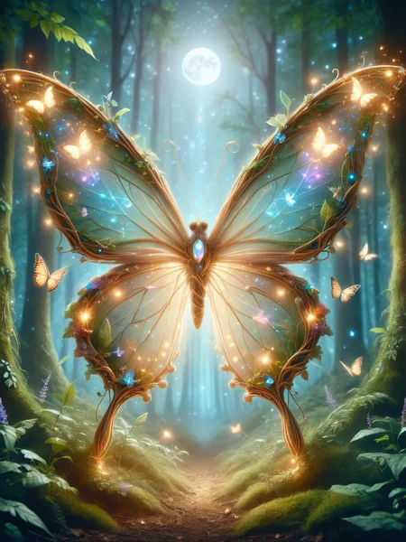 <lora:Fairy_Style_SDXL:1> An ais-fairy butterfly, its wings a prism of dreamlight, casting a trail of stardust as it flits through a moonlit glade.