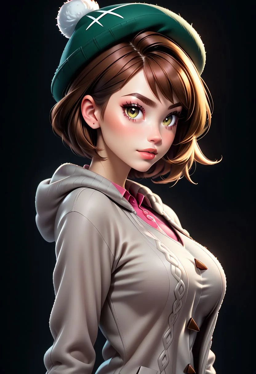score_9, score_8_up, score_7_up, score_6_up, score_5_up, score_4_up score_9,score_8_up, digital art, upper body shot, realistic 3D illustration,
BREAK,
gloria (pokemon), green hat, grey cardigan, hooded cardigan, cable knit, pink dress, collared dress,
BREAK,
soft lighting, contemplative expression, dark background, subtle makeup, high-resolution, detailed texture, emotional depth, dramatic mood, side profile, serene atmosphere, cinematic lighting. perfectly round breasts, big breasts, firm breasts, SkinHairDetail, eye contact, looking at viewer,
