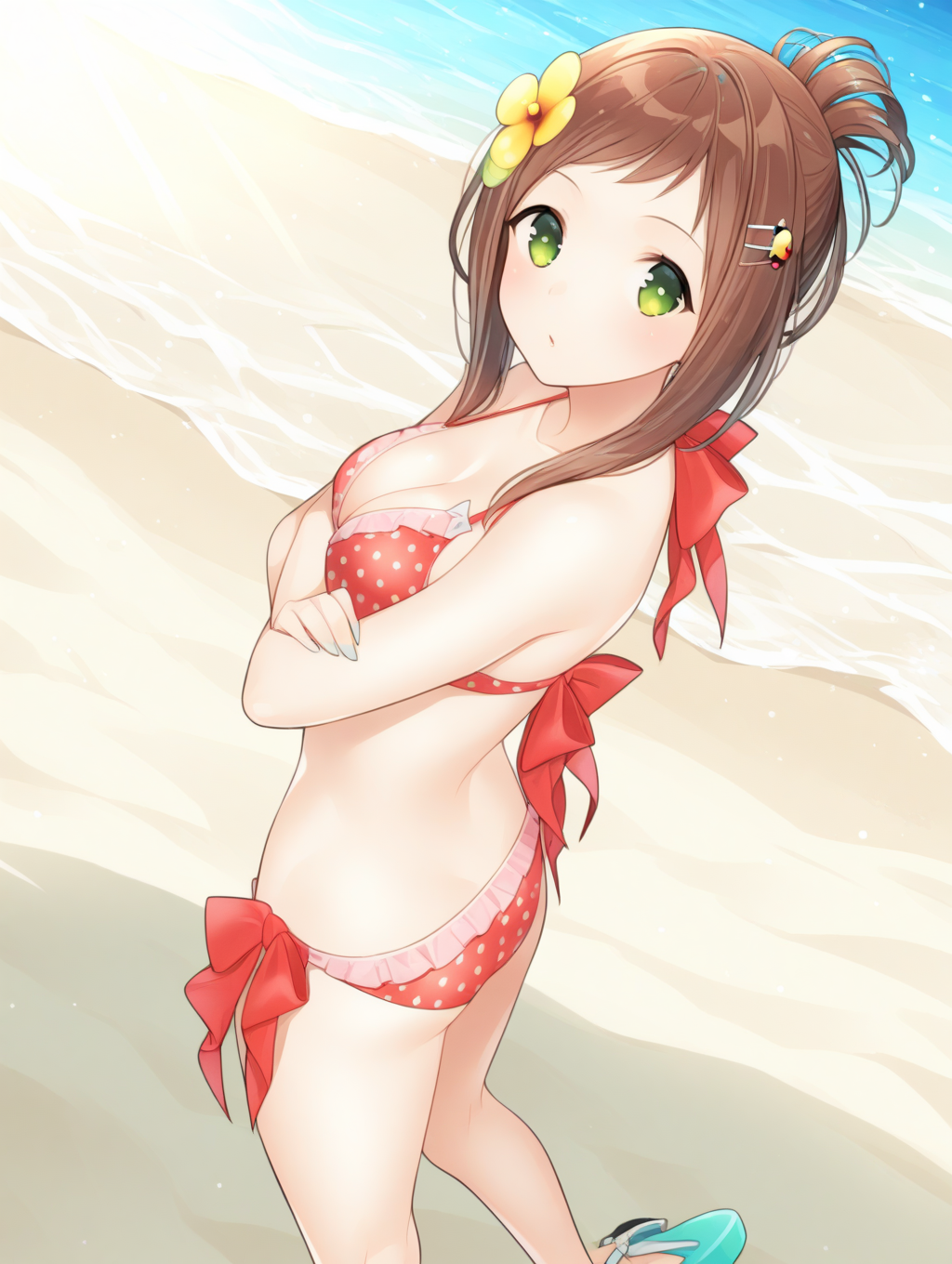 perfect quality,best quality,absolutely eye-catching,ambient occlusion,raytracing BREAK
1girl,<lora:sofia natu IL v1.1:1>,natu,polka dot bikini,ribbon,hair ornament,sandals,solo,ocean,beach,green eyes,updo,, from side, looking at viewer,cowboy_shot,the_pose,shading_eyes,crossed_arms,knees_together_feet_apart,