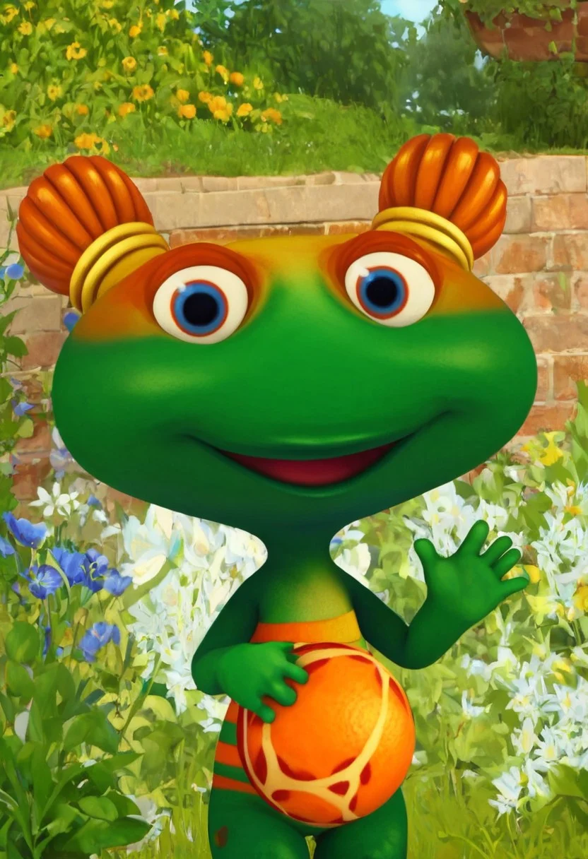lulu zipadoo, 1girl, furry, anthro, female turtle (frog shaped head), green skin, blue eyes, orange eyelid, orange hair, yellow hair ties, pigtails, wide head, chibi, 3 oranges stripes around belly, plump, little tail, wide hips, short body, short legs, score_8_up, score_7_up, BREAK, 1girl, solo, looking at viewer, cute, smiling, smug, shy, waving at viewer, female focus, looking at viewer, garden background, detailed background, 4k, masterpiece, best quality, highly detailed, 3d, full shot