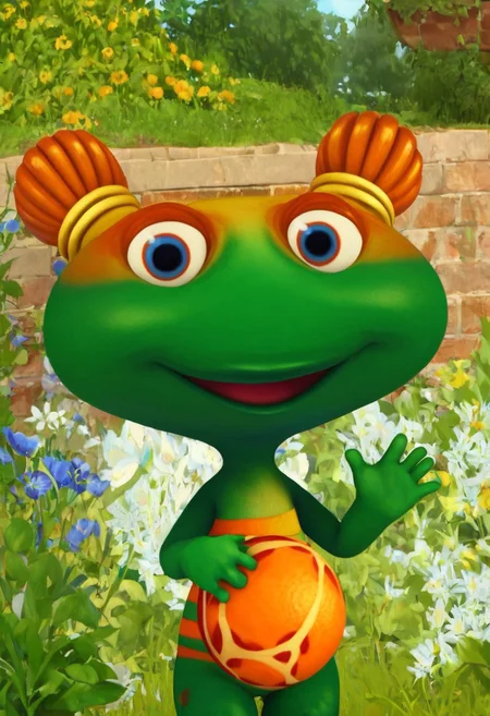 lulu zipadoo, 1girl, furry, anthro, female turtle (frog shaped head), green skin, blue eyes, orange eyelid, orange hair, yellow hair ties, pigtails, wide head, chibi, 3 oranges stripes around belly, plump, little tail, wide hips, short body, short legs, score_8_up, score_7_up, BREAK, 1girl, solo, looking at viewer, cute, smiling, smug, shy, waving at viewer, female focus, looking at viewer, garden background, detailed background, 4k, masterpiece, best quality, highly detailed, 3d, full shot
