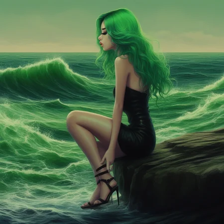 gradient, rock, high heels, teeth, green hair, waves, sky, 1girl, water, painting (medium)
