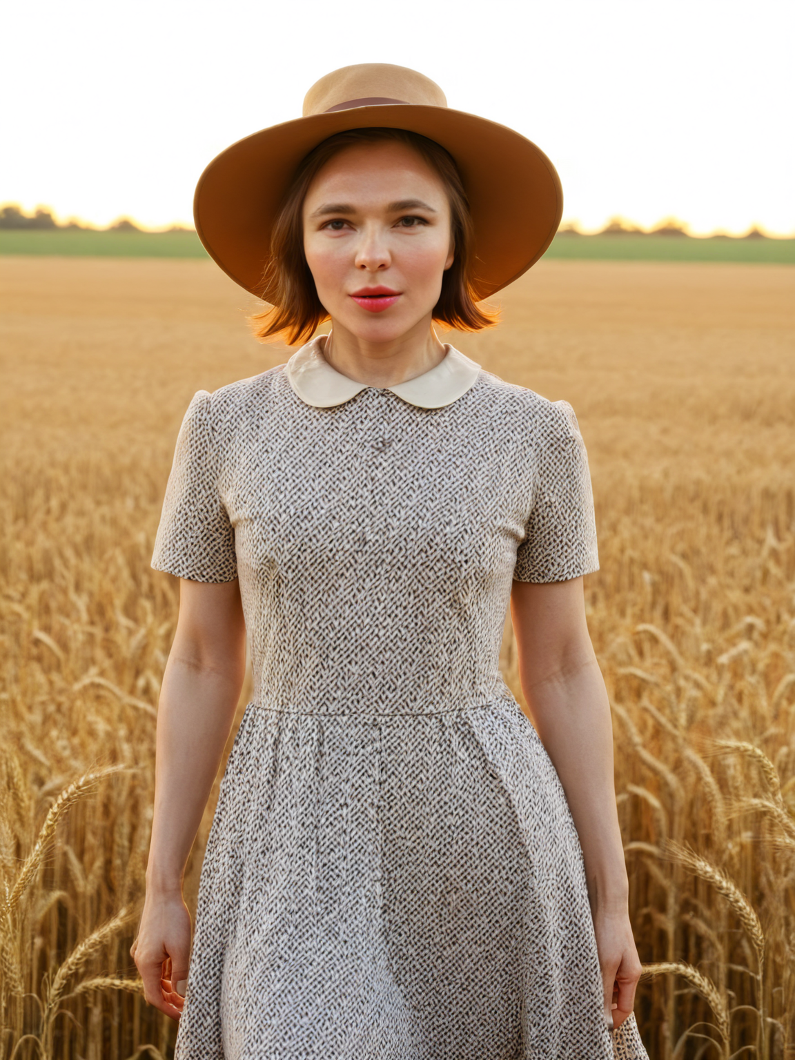 nina_kraviz, wide hat, vintage dress, wheat field, sunset