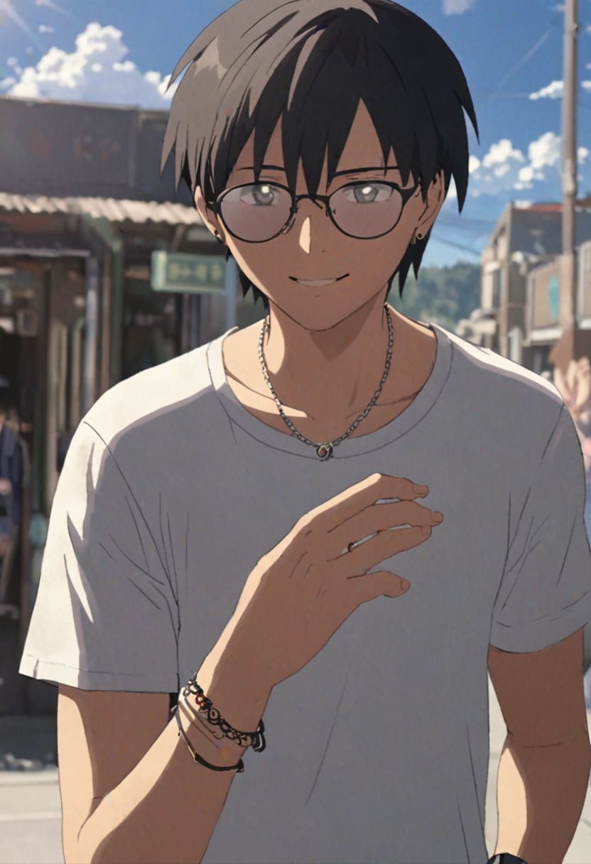 Highres, Masterpiece, High Quality, 4K, 8K, solo, 1Boy, Takaki Toono, adult, black hair, short hair, sunny, cloudy, posing, candid, sweet smile, photo model, earrings, necklace, bracelet, anklet, ring, fake glasses, easynegative, detailed_eye_model