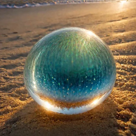 macrophotography,extreme close up of (perfectly spheric giant glass ball) partially buried in sand beach at sunset, Sunset beams on the windblown sand through glass, <lora:EnvyRefractionXL01:1>, This should be a ((masterpiece)) with a ((best_quality)) in ultra-high resolution, both ((4K)) and ((8K)), incorporating ((HDR)) for vividness. It uses a ((Kodak Portra 400)) lens for timeless, professional quality. Emphasizes a ((blurred background)) with a touch of ((bokeh)) and ((lens flare)) for an artistic effect. Enhance ((vibrant colors)) for a vivid look. Make sure the photograph is ((ultra-detailed)) and shows ((absurd)) details. Pay special attention to capturing the ((sadness)) of the subject. The goal is to create a ((professional photograph)) that is visually stunning and technically excellent, fluorescent dust, glowing dust