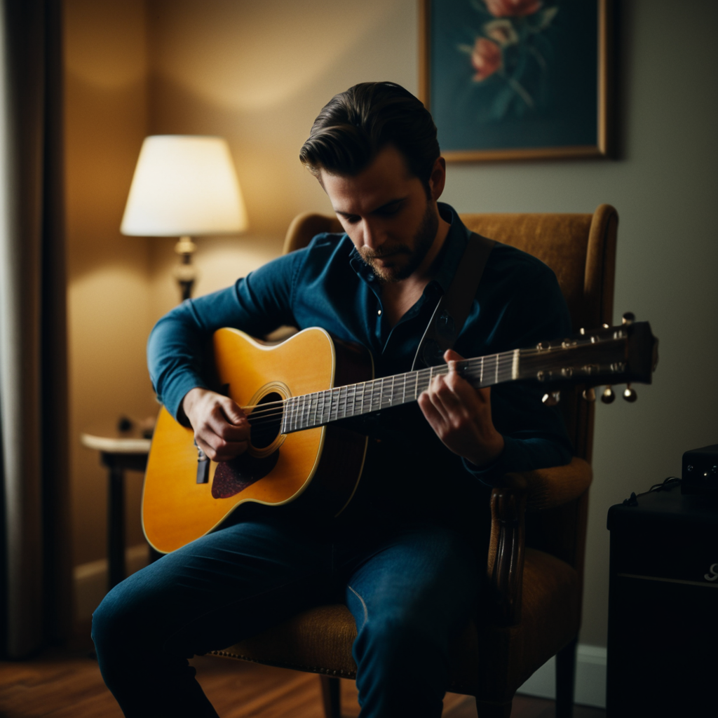 cinematic film still of  <lora:Hand pony style v1:0.8>
a man sitting on a chair playing a guitar, shallow depth of field, vignette, highly detailed, high budget, bokeh, cinemascope, moody, epic, gorgeous, film grain, grainy