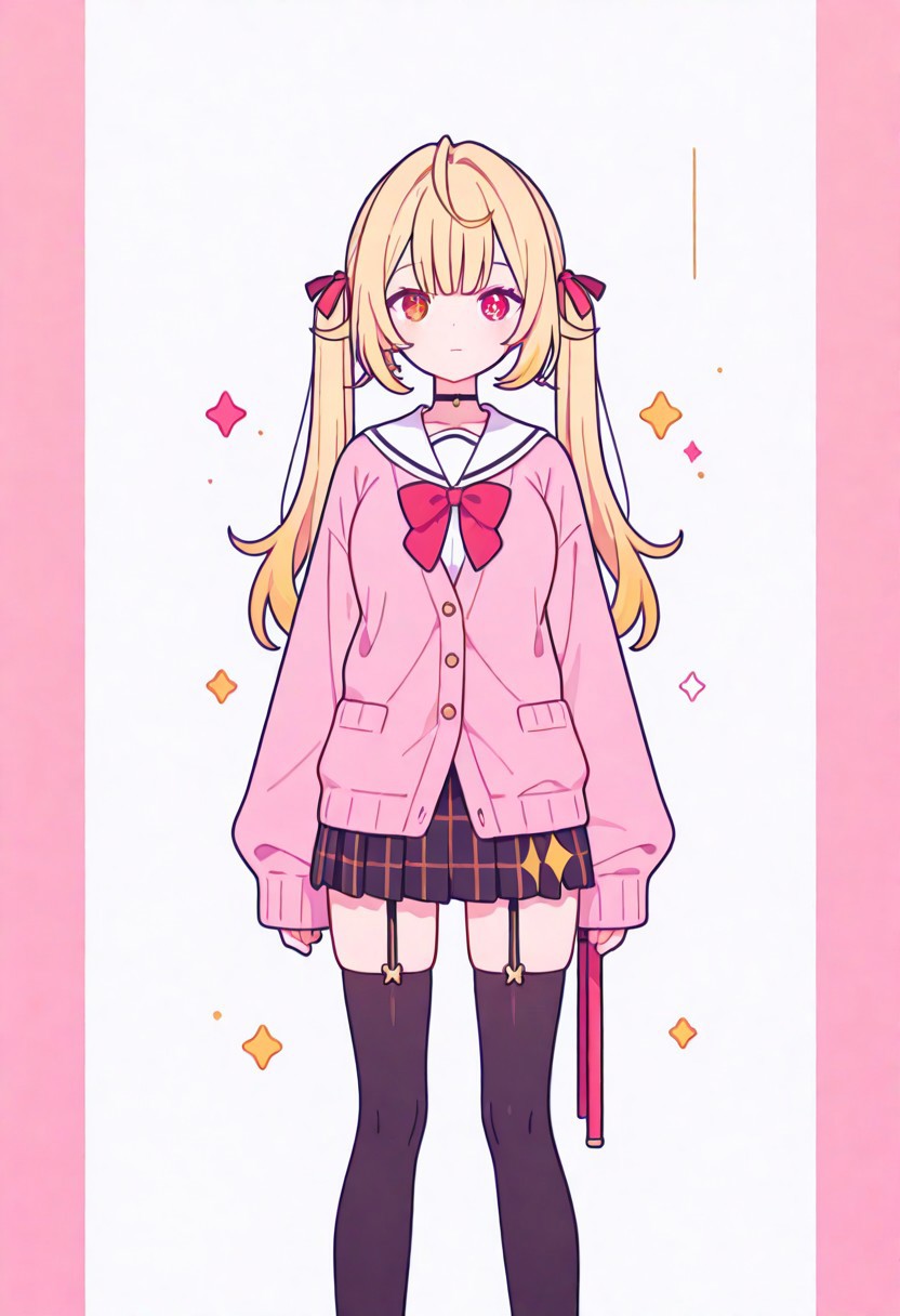 Flatline, Flat vector illustration, looking at viewer, full_body, 
nijisara, large breasts, heterochromia, red eye, yellow eye, blonde hair, ltwintails, hair ribbon, long sleeves, red bow, pink cardigan, black thighhighs, plaid skirt, red ribbon, black choker, garter straps, school uniform, 
beautiful breasts, slim, slender, fair skin, clear skin, beauty skin, smooth skin, shiny skin, beautiful legs, long legs, 
from front, front view, straight-on, look at viewer, standing, (legs apart:1.4), 
white background,