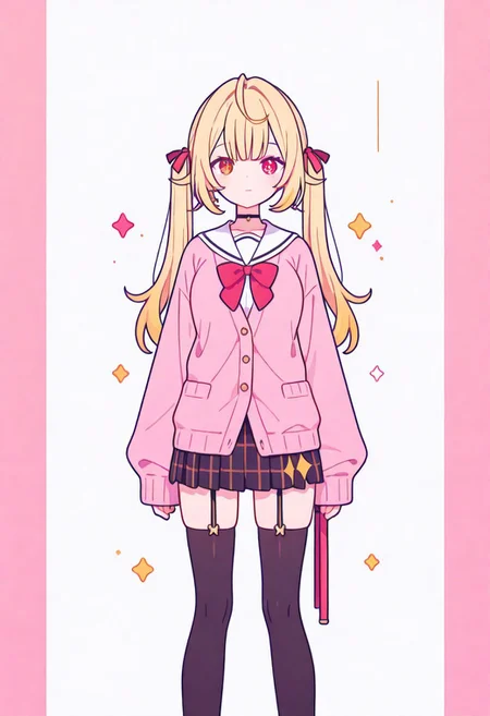 Flatline, Flat vector illustration, looking at viewer, full_body,
nijisara, large breasts, heterochromia, red eye, yellow eye, blonde hair, ltwintails, hair ribbon, long sleeves, red bow, pink cardigan, black thighhighs, plaid skirt, red ribbon, black choker, garter straps, school uniform,
beautiful breasts, slim, slender, fair skin, clear skin, beauty skin, smooth skin, shiny skin, beautiful legs, long legs,
from front, front view, straight-on, look at viewer, standing, (legs apart:1.4),
white background,