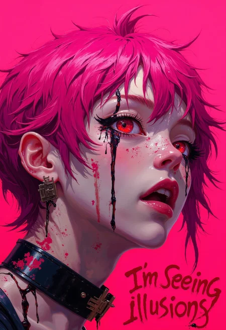 ((from above)), (((POV))), (((perspective))), Photorealistic image, Create lose up macro shot of a stylized hyper-realistic Japanese girl with short, messy pink hair and piercing red eyes. Her facial features are defined, with a strong jawline and a confident expression. The character has a rebellious, punk aesthetic, wearing a black choker with metallic details.  with a slightly angled view, showing a close-up facial expression and detailed makeup. Black liquid drips dramatically down her face, covering her ears and neck, appearing to be flowing from her ears. front of a solid vibrant pink background, prominently displayed in image graffiti in bold letters reads ("I'm seeing illusions.") font. The overall atmosphere is edgy, intense, and modern, with a focus on contrasting dark and bright colors, and a gritty, expressive art style. The overall style is fashion-forward and somewhat dramatic, emphasizing form and contrast against the background. The figure is presented in a three-quarter profile view. ,aidmatextimprover, photorealistic photo,  (photography, high-resolution, dynamic, energetic,hyper-realistic, dramatic lighting, shallow depth of field.), cinematic lighting, extremely intricate detail character, accurate depiction of character, correct body anatomy, correct hands and fingers, extremely intricate skin and facial texture detail, design,lifelike potrayal, extrememly realistic lighting, extreme dynamic pose, sharp background detail,
DB4RZ, DB4RZ style painting