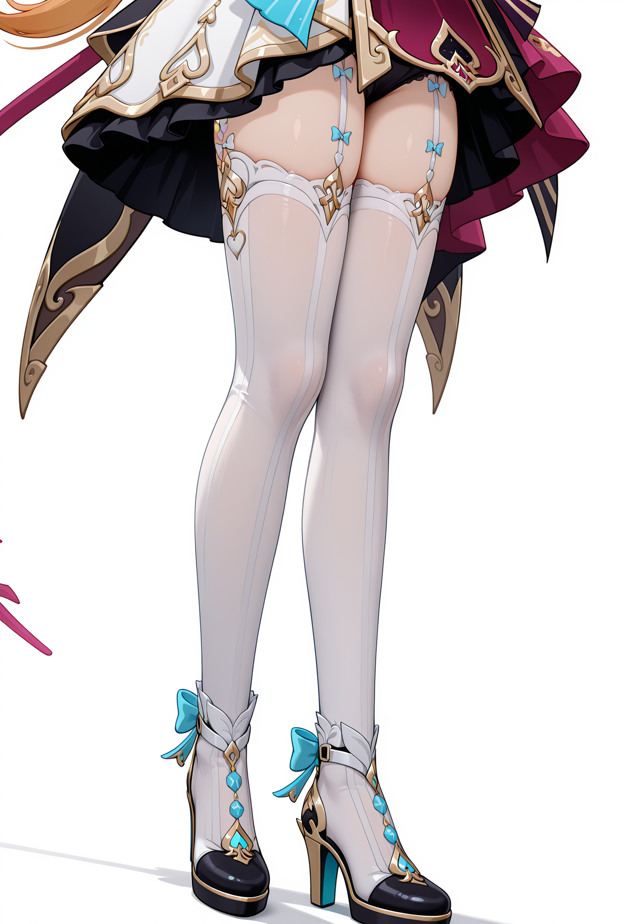 <lora:escoffier_illustrious-v1.3 (20):1>,
escoffier \(genshin_impact\),high heels,solo,bow,legs,white thighhighs,blue bow,lower body,standing,white_background