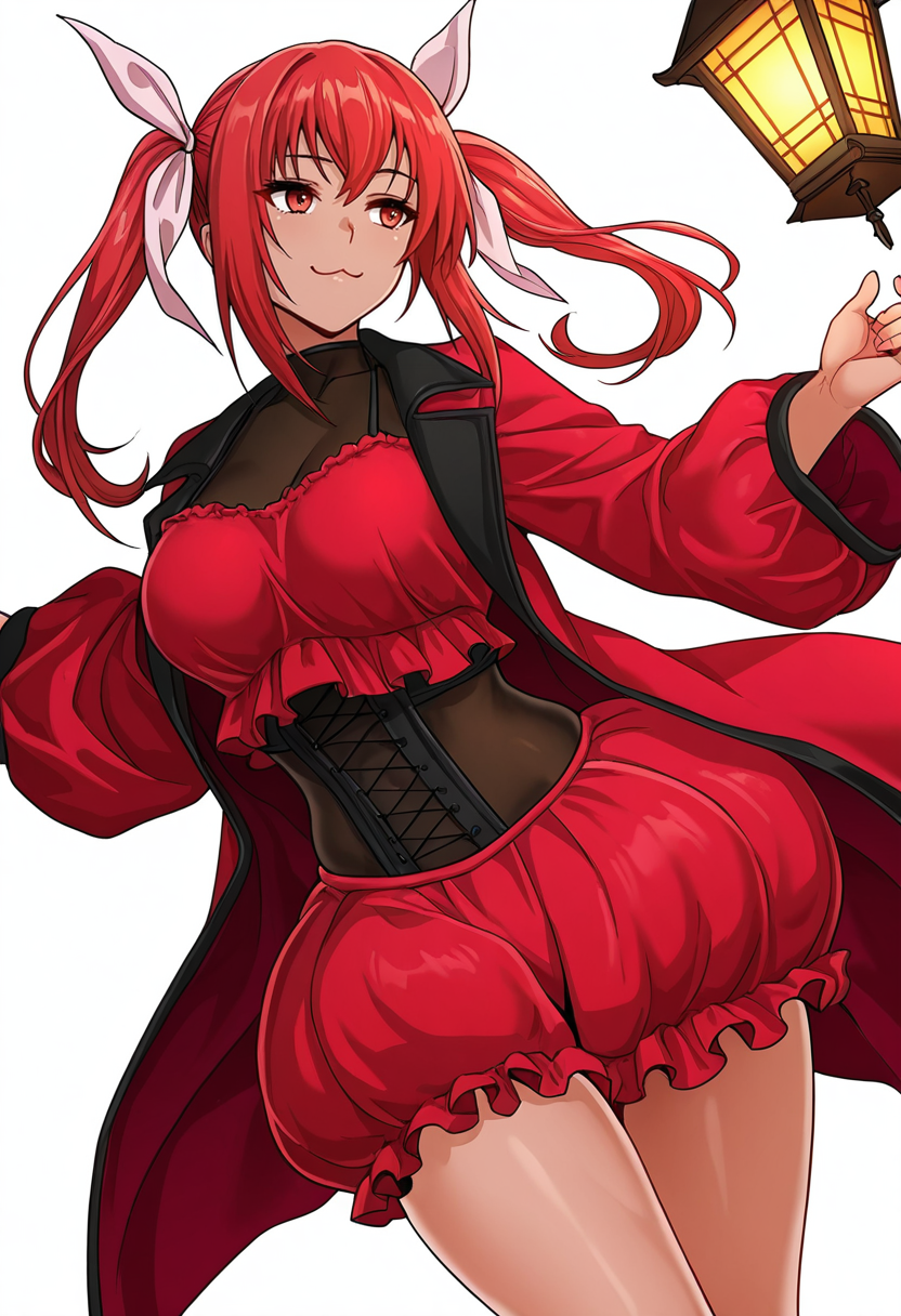 Smooth Quality,masterpiece,very intricate, high quality details, ultra realistic, high detailed skin,detailed enviorement,absurdres,
simple background, white background,  solo,dutch angle,solo,dancing, 
 <lora:Dorothea_Gale_CNR:0.8> dorothea_cnr, 1girl,red hair, long hair, twintails, red eyes,large breasts, skindentation,hair ribbon,, afterglow,, :3,, long coat, ,lantern sleeve blouse,  ,bubble skirt,  ,