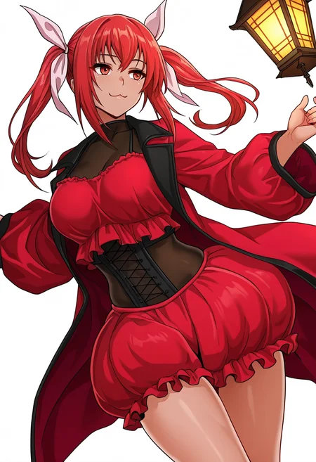 Smooth Quality,masterpiece,very intricate, high quality details, ultra realistic, high detailed skin,detailed enviorement,absurdres,
simple background, white background,  solo,dutch angle,solo,dancing, 
 <lora:Dorothea_Gale_CNR:0.8> dorothea_cnr, 1girl,red hair, long hair, twintails, red eyes,large breasts, skindentation,hair ribbon,, afterglow,, :3,, long coat, ,lantern sleeve blouse,  ,bubble skirt,  ,