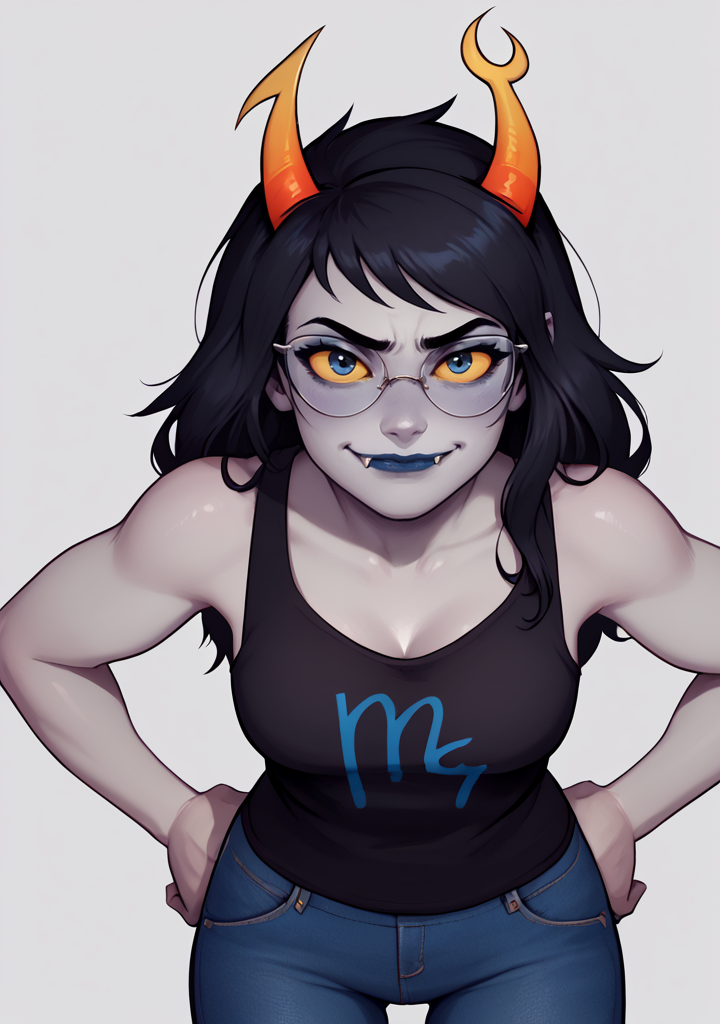 score_9, score_8_up, score_7_up, masterpiece,  , line art, portrait,  realistic,, detailed ,,  1girl, solo,  ,standing, looking at viewer,  mocking, smirk, closed mouth,  blue face blush, leaning forward,  downblouse, hands on hips,  , <lora:Vriska:0.8> ,  long hair, gray skin, black hair, yellow sclera, horns, blue lipstick, , fangs, lips, vriska serket,  blue eyes,  (grey_skin:1.1), colored skin , , glasses,  black tank top, jeans, pants,