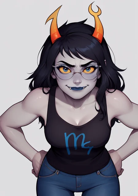 score_9, score_8_up, score_7_up, masterpiece, , line art, portrait, realistic,, detailed ,, 1girl, solo, ,standing, looking at viewer, mocking, smirk, closed mouth, blue face blush, leaning forward, downblouse, hands on hips, , <lora:Vriska:0.8> , long hair, gray skin, black hair, yellow sclera, horns, blue lipstick, , fangs, lips, vriska serket, blue eyes, (grey_skin:1.1), colored skin , , glasses, black tank top, jeans, pants,