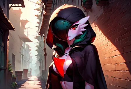 (((gardevoir))), solo, female, furry, ((very pale skin)), (score_9, score_8_up, score_7_up), 20 year old, 1girl,  beautiful,  hyperdetailed, hyperrealistic, 8k, best quality, high quality, natural lighting, intricate, soft warm lighting,  slim body, slim waist, 
red eyes, short green hair,
(perfect hands), (perfect fingers) , 
perfect legs, 
alleyway, (((black hood))), (((black cloak))), (((hood up))), green clothes under cloak,
smooth,