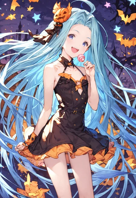 score_9, score_8_up, score_7_up,score_6_up, source_anime, best quality, aesthetic, absurdres,
halloween, halloween costume, official alternate costume, hair ornament, (miniskirt:1.2), holding lollipop candy,
1girl, solo, smile, upper teeth only, (clear eyes:1.1), looking at viewer,
Lyria (Granblue Fantasy), very long hair, blue hair, (body_slim:1.1), small breasts, bare legs,
<lora:Lyria-Pony:0.8> <lora:IshikePony:0.2>