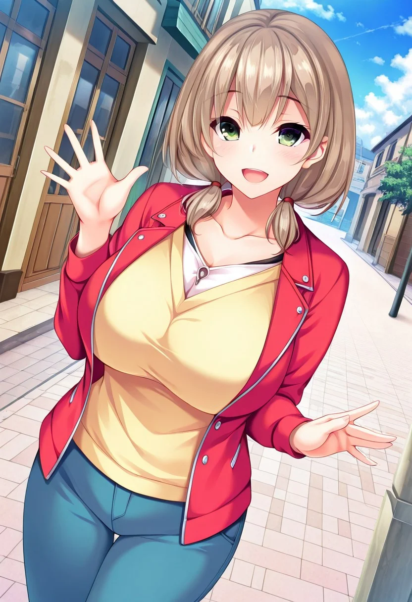 general,highres, ultra-detailed,very aesthetic,best quality ,best hands,best eyes,easynegative,
dynamic anglre, dutch angle, anime cloring,
1girl solo,looking at viewer,smile,town, open mouth, waving hand,
Ayane Anekawa,long_hair, blonde_hair, green_eyes, huge_breasts,shirt,pants,jacket,
