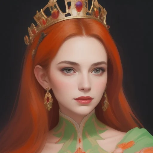 Portrait of a beautiful Queen.
Orange, red, green, purple colors only.