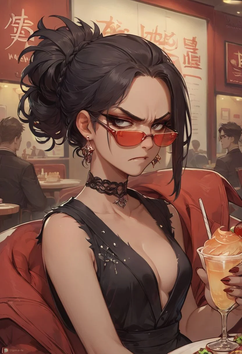 score_9, score_8_up, score_8, 1girl, girl with mid hair, evil disgust look on her face, Dark hair, black eyes, (Expensive restaurant background), by kantoku, bob hairstyle, earrings, Wild hair, Red aviators glasses, open neckline, black clothes, fur on clothes, Elegant clothes, choker