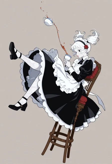 masterpiece, best quality, absurdres, minimalism, flat color,
1girl, solo, maid, maid apron, short black dress, long sleeves, white lace pantyhose, maid headdress, white embroidery, pale skin, red rose ornament on hair, white hair, white eyelashes, white eyebrows, porcelain skin, black eyes, glossy lips, short hair, twintails, cute, falling, midair, from side, drinking a cup of tea, floating ornate chair, floating chinaware, floating fancy paintings