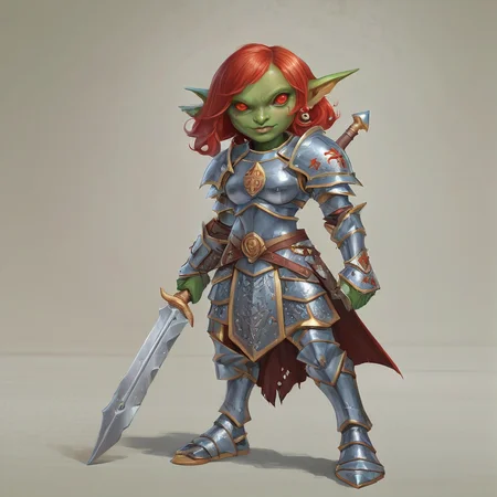A cute female path_goblin paladin, big eyes, her noble countenance framed by red hair. Clad in polished plate armor emblazoned with religious symbols, she radiates an aura of righteousness and devotion. The hilt of a ((gleaming)) longsword protrudes from her belt, a symbol of his unwavering commitment to justice. The full-body solo portrait showcases her resolute stance against a gradient background of celestial hues, reminiscent of heavenly realms., big breasts, sexy armor,<lora:Path_goblin:1>
