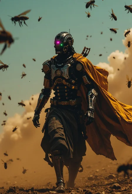 photo of an Elysium Robot Cyborg Samurai amidst a SWarm of bees, macro, flowing Cape, a captivating vibrant dark capturing the essence of a cyborg Bedouin sorcerer in fight stance, standing infront of dystopian megacity. ethereal, smoky backdrop. a translucent Grey, yellow/tanslucent amber/black, atmospheric haze, Film grain, cinematic film still, shallow depth of field, highly detailed, high budget, cinemascope, moody, epic, OverallDetail, gorgeous, 2000s vintage RAW photo, photorealistic, candid camera, color graded cinematic, eye catchlights, atmospheric lighting, skin pores, imperfections, natural, shallow dof, their holographic billboards flickering in shades of pink, green, and electric blue. Streams of light weave through