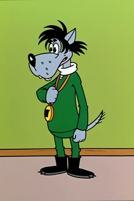 animal <lora:Wolf Nu Pogodi:0.65> in green clothes, masterpiece, best quality, cartoon