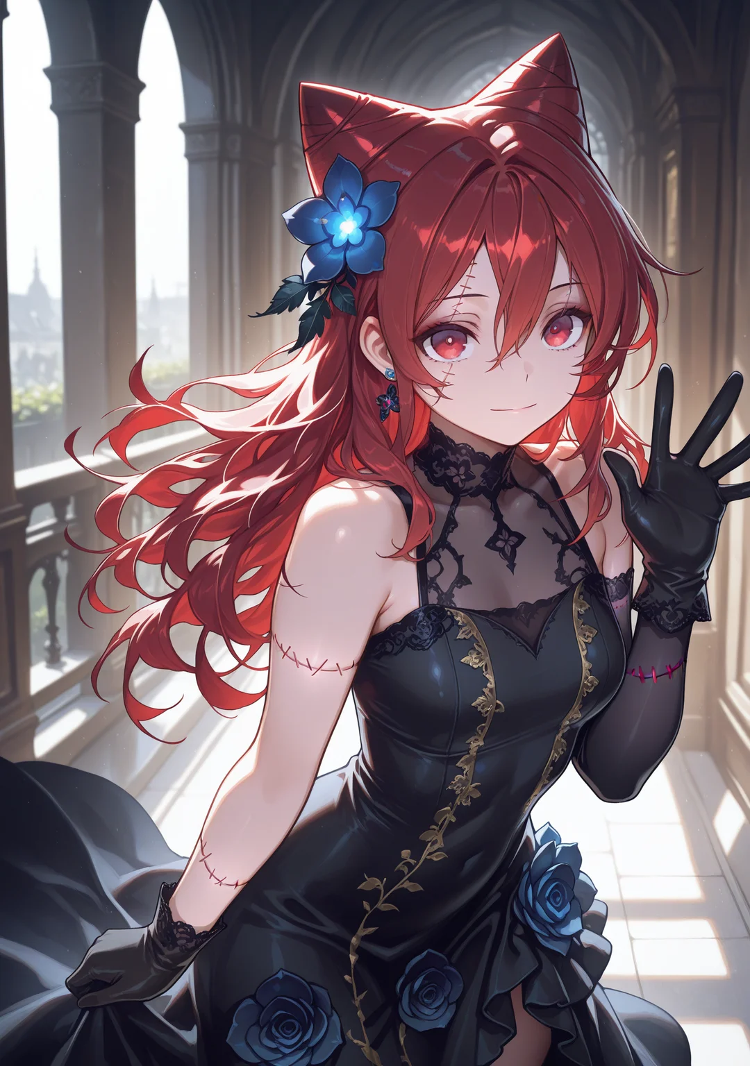 masterpiece,best quality,amazing quality,
1girl,<lora:ceresbotn:0.8>,
flower,hair flower,long hair,hair ornament,red hair,hair between eyes,jewelry,earrings,looking at viewer,black gloves,gloves,red eyes,dress,blue flower,cone hair bun,stitched face,stitched arm,waving,light smile,