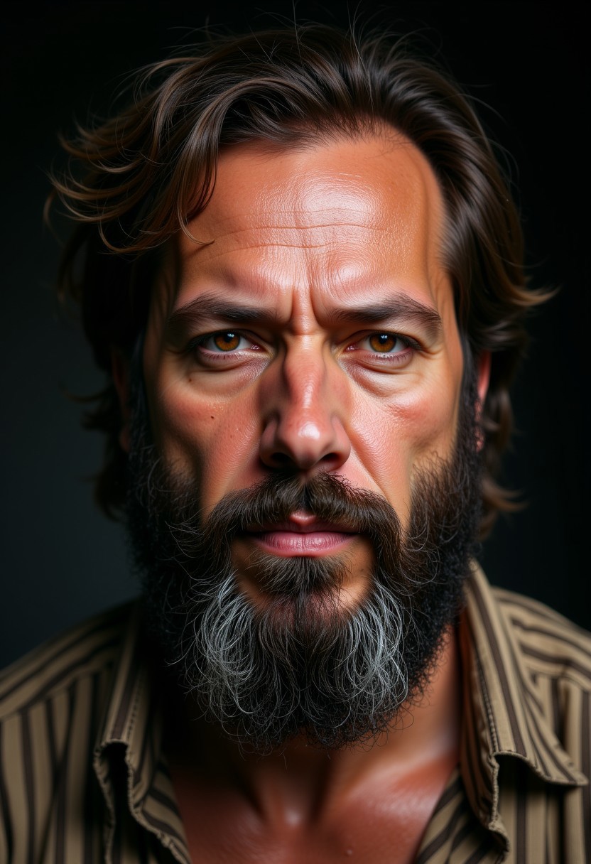 Unfazedfantasii, vantablack, OBxiaoxiang
photorealistic masterwork digital painting, hyper-realistic, 
A close-up portrait of a rugged, intense-looking middle-aged man with a thick, well-groomed salt-and-pepper beard and deep-set, piercing brown eyes. His face is lined with subtle wrinkles, giving him a stern, contemplative, and slightly brooding expression. His thick, slightly unkempt dark hair frames his face, complementing his strong, chiseled features. His gaze is direct and commanding, evoking a sense of wisdom and experience. He is wearing a striped, earth-toned shirt, adding a subtle texture to the image. The background is blurred and dark, with soft, natural lighting casting shadows that emphasize the depth and realism of his face. The overall style is ultra-detailed, photorealistic, and dramatic, resembling cinematic portrait photography.
 The art style is highly detailed, cinematic, and fantasy-inspired, with a focus on dramatic lighting, soft glows, and a slightly dark, mystical mood.