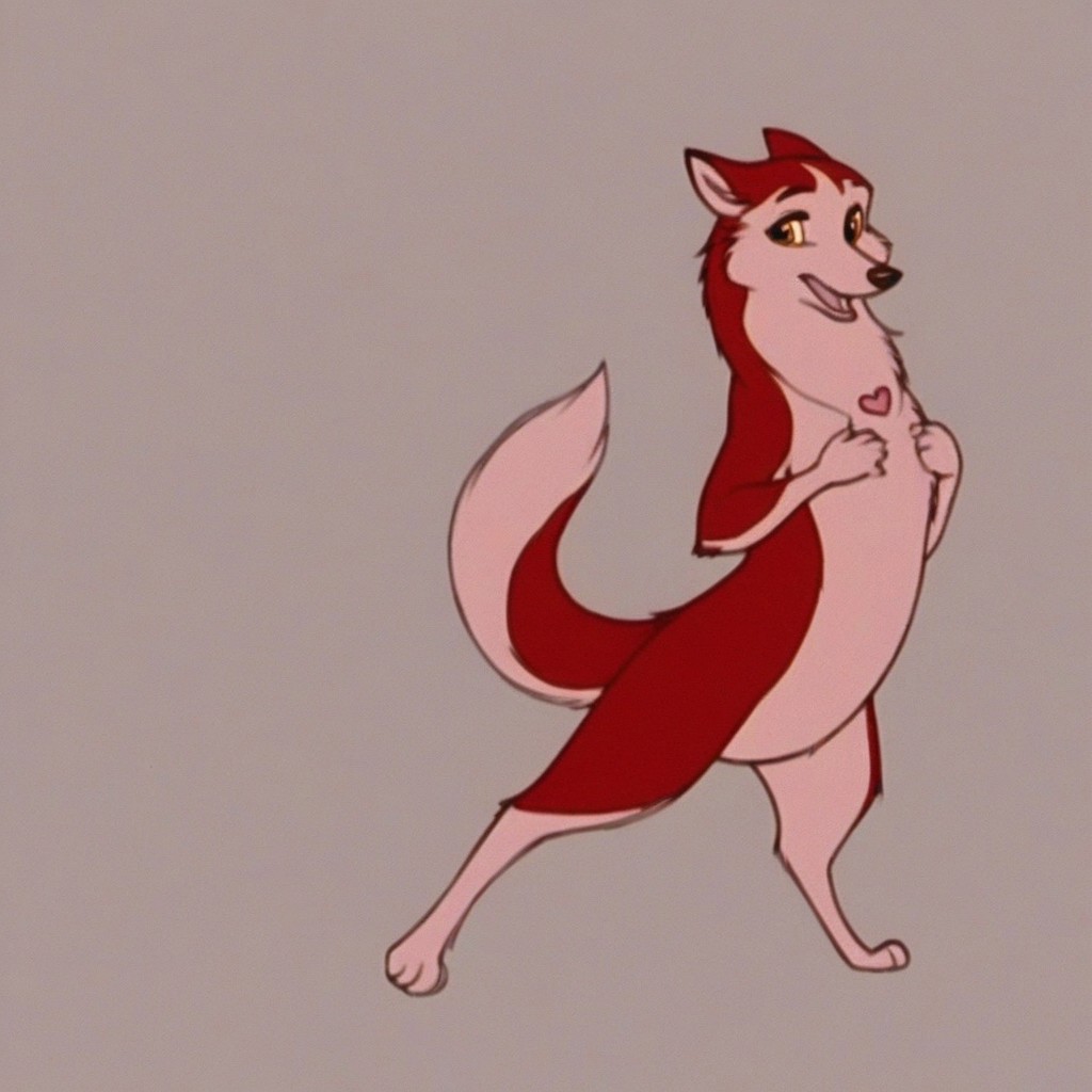 jenna\(balto\), red fur, two tone fur, canine, amber eyes, anthro, fluffy fur, standing upright, looking directly at viewer, slightly mischievous, (pose:1.2), (((playing with hair))), large, expressive eyes, detailed paws, (((standing on two legs))),(((front view))), (((pampering self))), (((looking at viewer))), (((flirty))), (((eyelashes))), (((necklace with pink heart pendant))), solo, (((happy))), (((sweet))), (((smiling))), (((loving))), (((open mouth))), (((full body view))), (((half-open eyes))), detailed fur, detailed face, ((((((hands curled by chest)))))), directly facing viewer