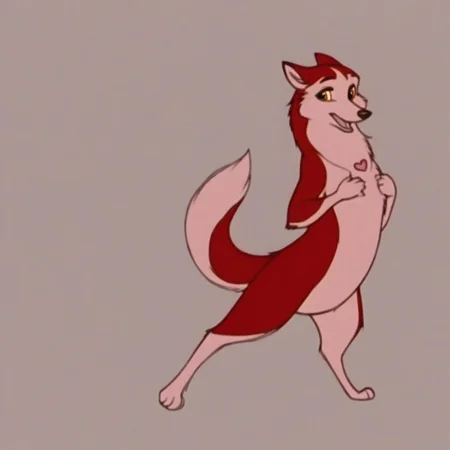 jenna\(balto\), red fur, two tone fur, canine, amber eyes, anthro, fluffy fur, standing upright, looking directly at viewer, slightly mischievous, (pose:1.2), (((playing with hair))), large, expressive eyes, detailed paws, (((standing on two legs))),(((front view))), (((pampering self))), (((looking at viewer))), (((flirty))), (((eyelashes))), (((necklace with pink heart pendant))), solo, (((happy))), (((sweet))), (((smiling))), (((loving))), (((open mouth))), (((full body view))), (((half-open eyes))), detailed fur, detailed face, ((((((hands curled by chest)))))), directly facing viewer