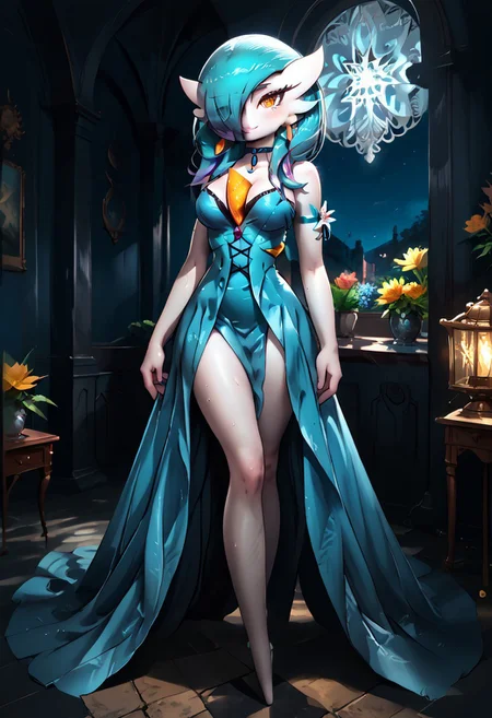 (((gardevoir))), female, anthro, pale white skin,
BREAK, (best quality:1.2),beautiful,perfect eyes,perfect face,1girl, masterpiece, best quality, Gardevoir, solo, <lora:Sotchosis-000018:0.7>, <lyco:GoodHands-beta2:1.0>(masterpiece:1.4), score_9, score_8_up, score_7_up, high detailed, high quality, masterpiece, quality highlights, 8k details, detailed background, source_anime, dynamic view, (ultra detailed),
BREAK, Gardevoir, breasts, solo, blue_eyes, large_breasts, jewelry, earrings, hair_ornament, looking_at_viewer, long_hair, cleavage, night, white_hair, choker, indoors, bangs, flower, bare_shoulders, smile, dress, hair_ribbon, hair_flower, closed_mouth, blue_dress, window, ribbon, sleeveless, cowboy_shot, night_sky, blush, lamp
Detailed lines in high quality, shining glossy skin, soft lighting, soft skin, realistic skin, blum effect, masterpiece, absolutely eye-catching, oiled, sweaty, sweat drops, sweat, simple background, spotlight, dutch_angle, full body,
BREAK, (Background: dark fantasy , botanical garden:1.2), no humans, anime style